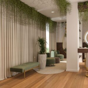 Luxurious, modern room with green velvet seating and lush plant decor in London, UK.